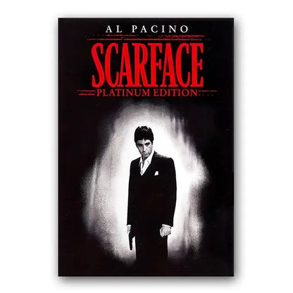 Black and white scarface tony montana canvas wall art print with al pacino in dark suit and red title text by decorbites