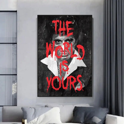 Black and white tony montana canvas wall art with bold red graffiti text the world is yours by decorbites