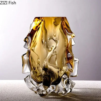 Sculpted decorbites amber glass vase with clear glass accents and fluid organic form for living room decor