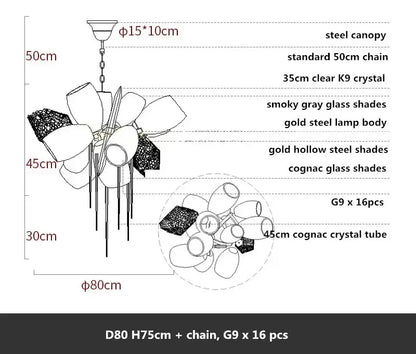 Sculptural gold pendant light with smoky gray glass shades and cognac crystal tubes in an elegant petal design