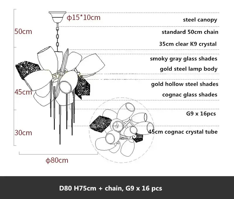 Sculptural gold pendant light with smoky gray glass shades and cognac crystal tubes in an elegant petal design