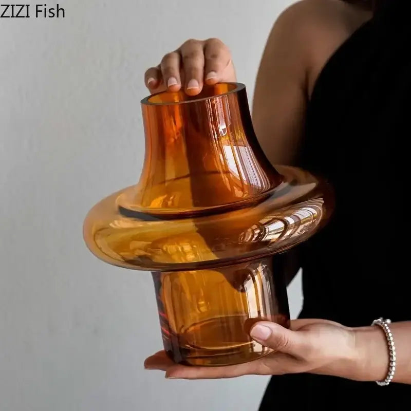 Sculptural tiered amber glass vase with modern layered mushroom-inspired design for living room decorbites amber glass