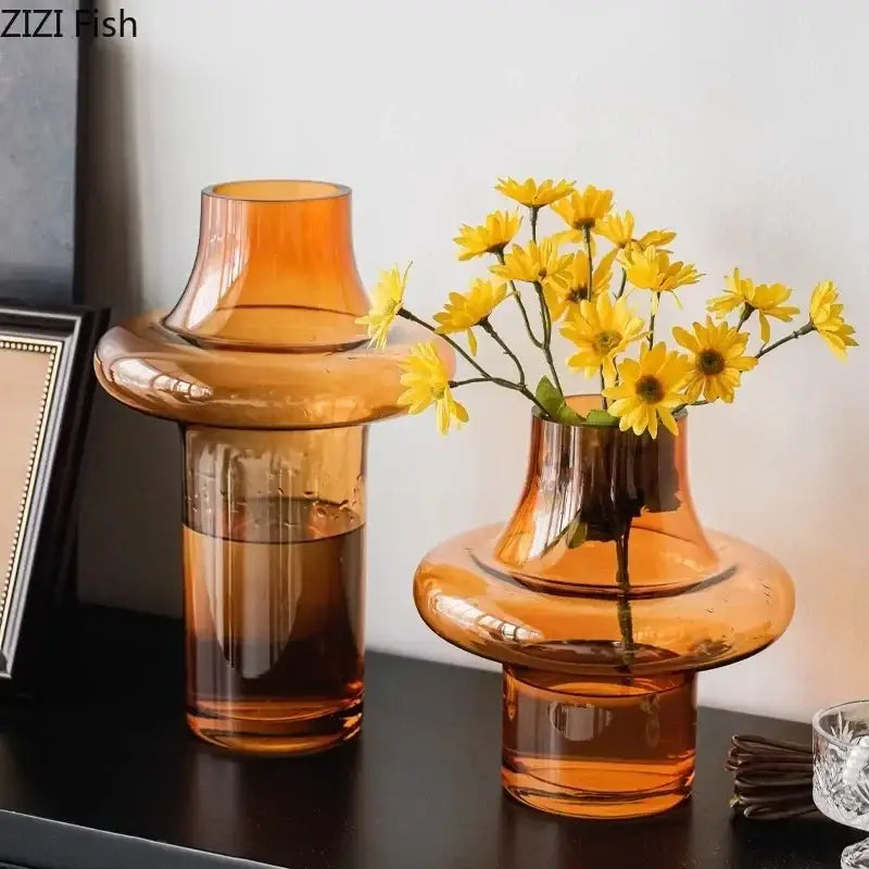 Sculptural tiered decorbites amber glass vase with smooth rounded contours for living room decor
