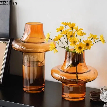 Sculptural tiered decorbites amber glass vase with smooth rounded contours for living room decor