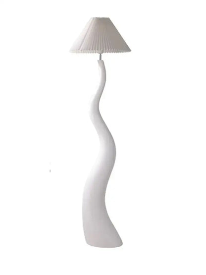 A sleek white floor lamp with a flowing cream resin base and pleated shade perfect for living room lighting