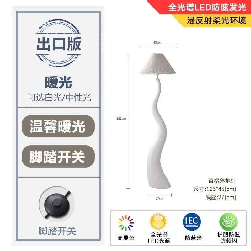 Sleek white cream resin floor lamp with curved pleated shade and foot switch for living room decorbites cream resin lighting