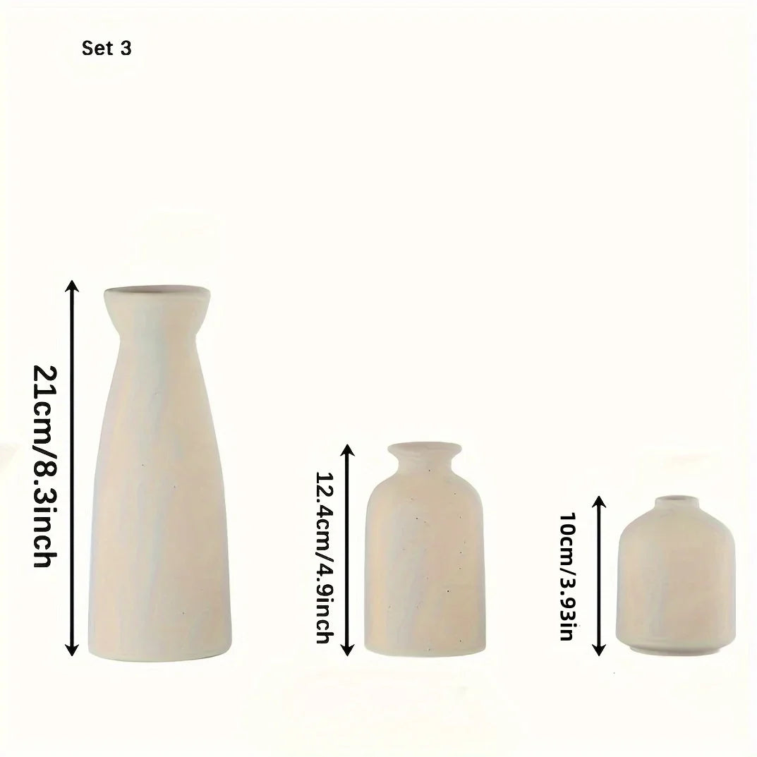 Set of 3 minimalist white ceramic vases in varying heights for rustic home decor and modern farmhouse style