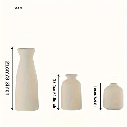 Set of 3 minimalist white ceramic vases in varying heights for rustic home decor and modern farmhouse style
