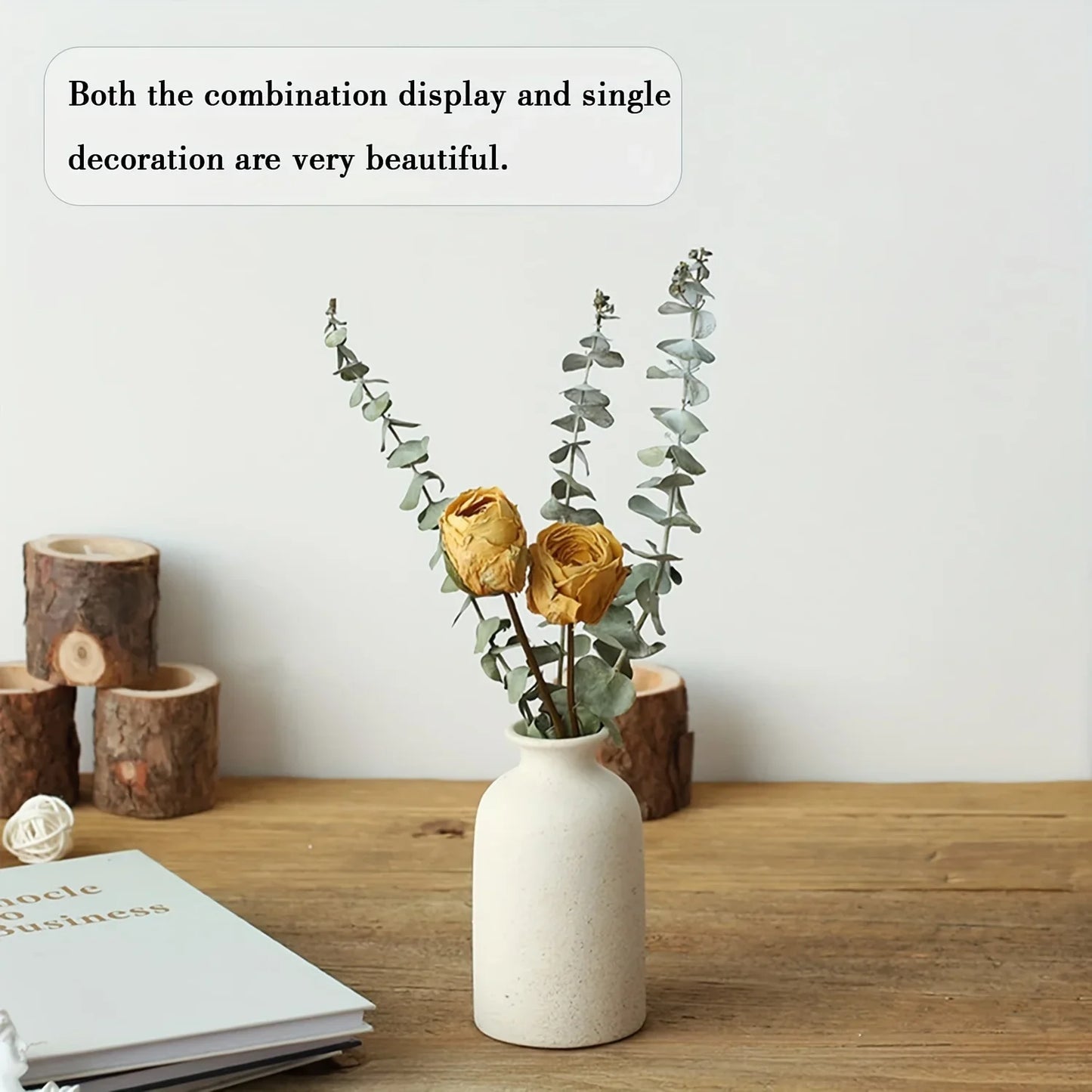 Set of 3 white ceramic vases featuring a minimalist design with dried golden roses and eucalyptus for modern farmhouse decor