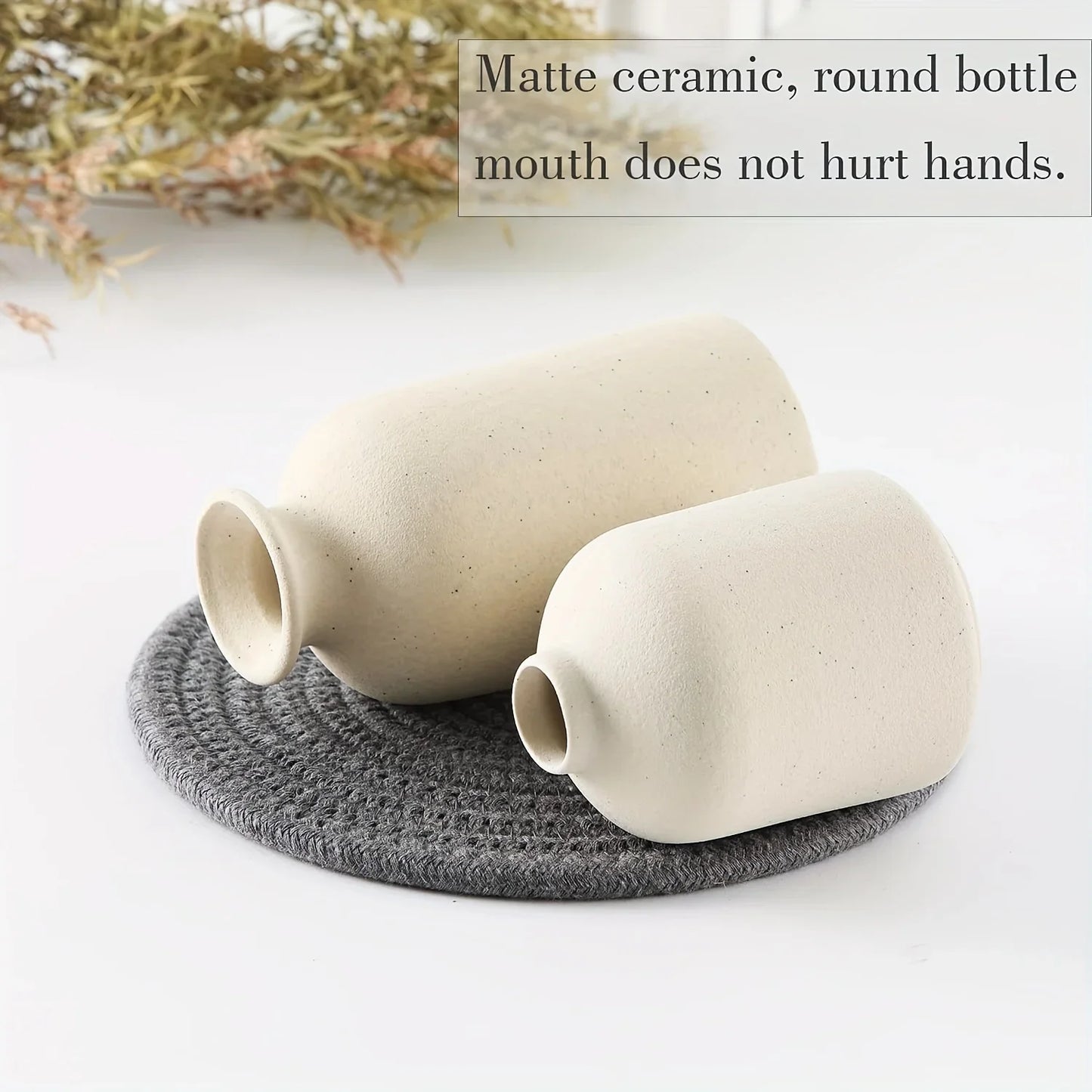 Two matte off-white ceramic vases with rounded soft curves for rustic modern farmhouse living room decor