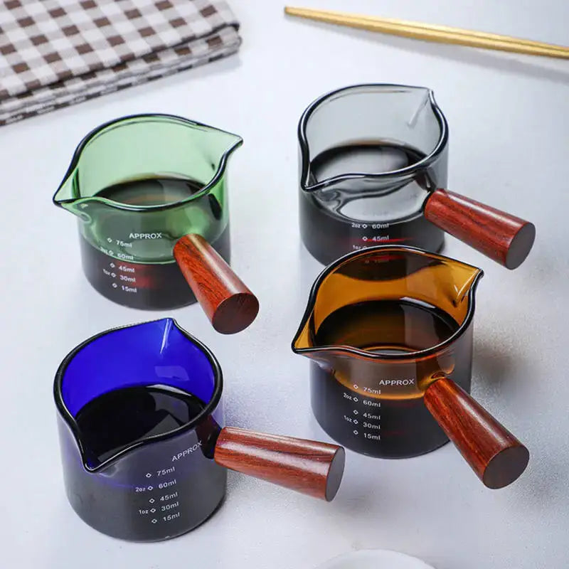 Set of 4 colorful decorbites glass double mouth measuring cups with wooden handles and graduated markings for precise measurement