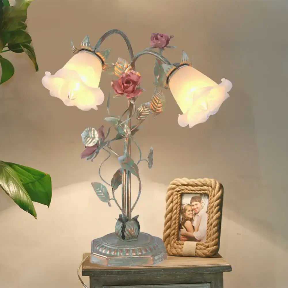 A shabby chic green rose table lamp with metallic base and painted pink and purple floral design 220v-240v 110v-120v led incandescent fluorescent