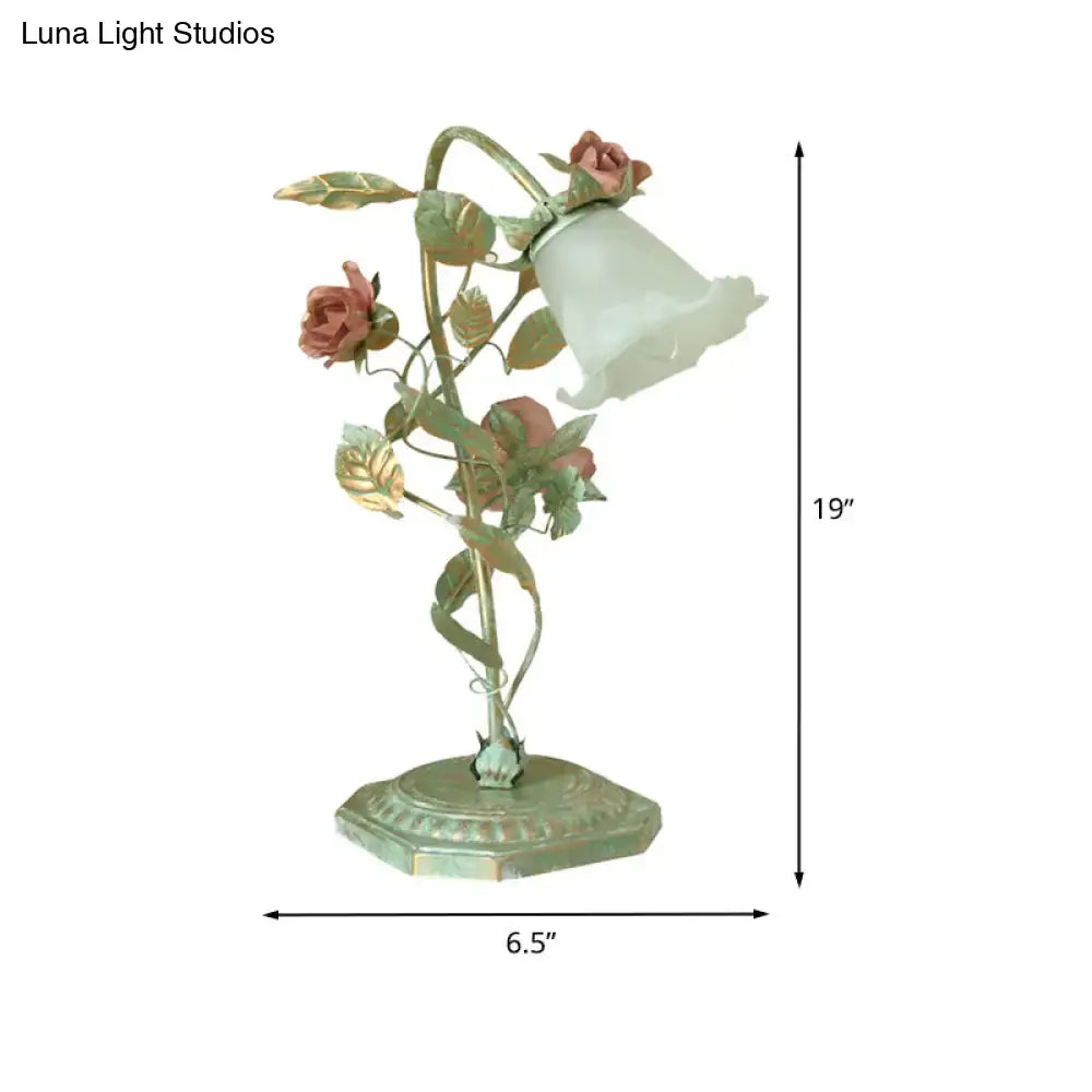 Shabby chic green rose table lamp with vintage metal base and led incandescent fluorescent compatibility 220v-240v 110v-120v