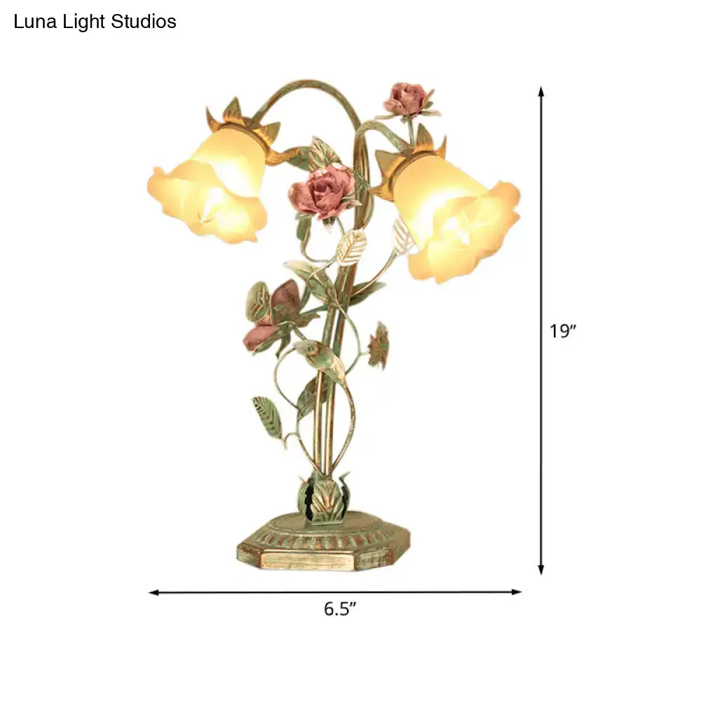 Shabby chic green rose table lamp with three warm glass shades and ornate metalwork compatible with led incandescent fluorescent 220v-240v 110v-120v