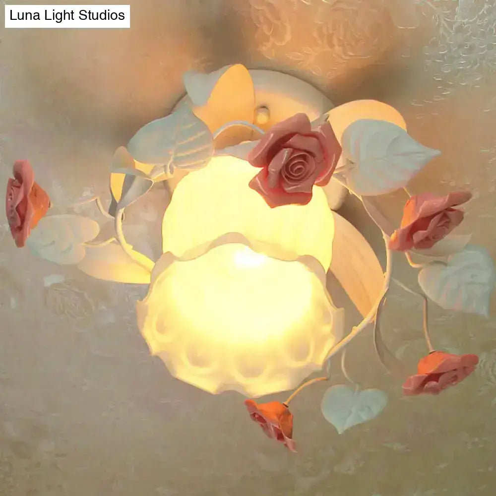 Decorbites korean garden ruffle semi flush mount lamp with white frosted glass, shabby chic pink and blue floral design, 220v-240v and 110v-120v compatible