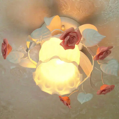 Decorbites korean garden ruffle shabby chic ceiling lamp with pink roses and frosted glass for 110v-120v and 220v-240v