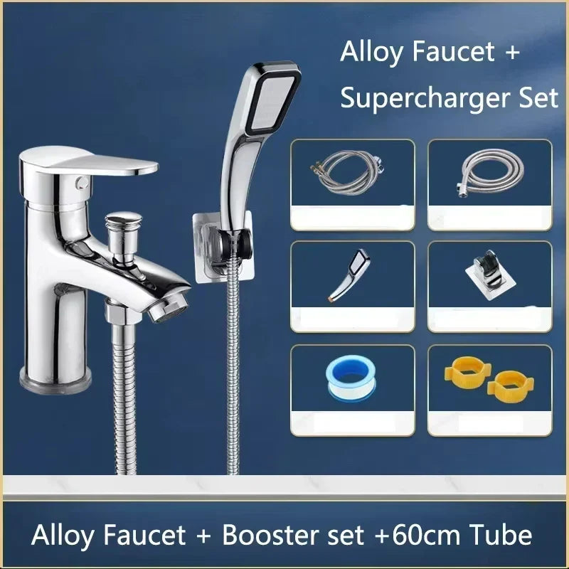 Shiny chrome alloy multifunctional shower faucet set with handheld showerhead and flexible hose for bathroom use