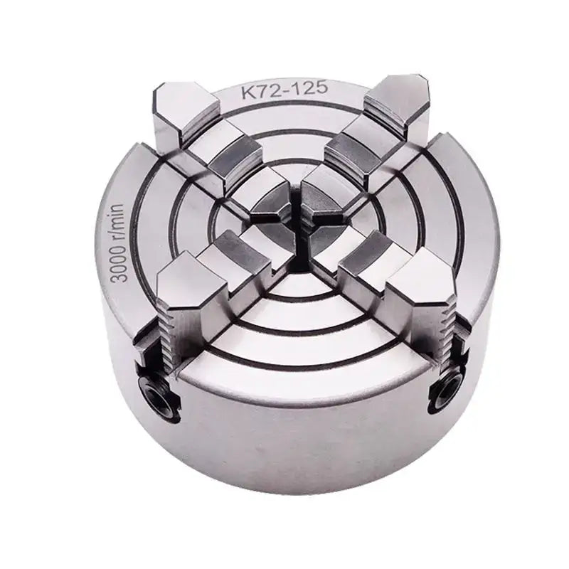 Silver 4 jaw metal lathe chuck decorbites 125mm with circular design and four angular jaws for workshop use