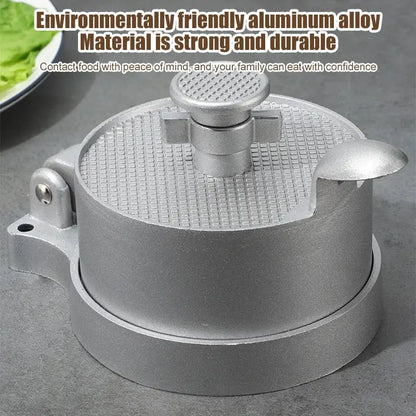 Silver aluminum meat press tool hamburger press with textured grid pattern and central pressure adjustment knob