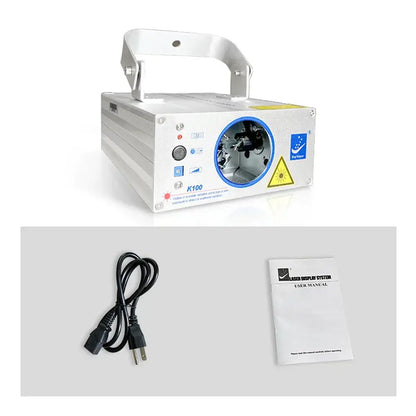 Silver aluminum purple laser light projector with blue circular lens and warning labels for stage and bedroom lighting