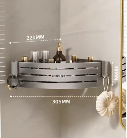 Silver aluminum two tier corner shelf with towel bar hook and horizontal slats for bathroom decorbites corner shelf