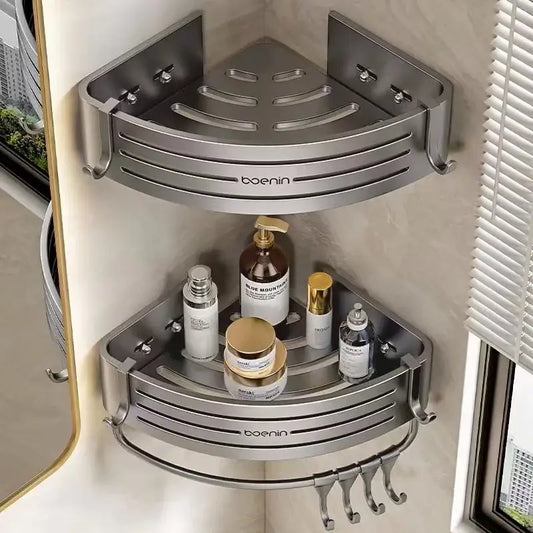 Silver aluminum two tier corner shelf with towel bar hook and slatted design by boenin for bathroom decorbites use