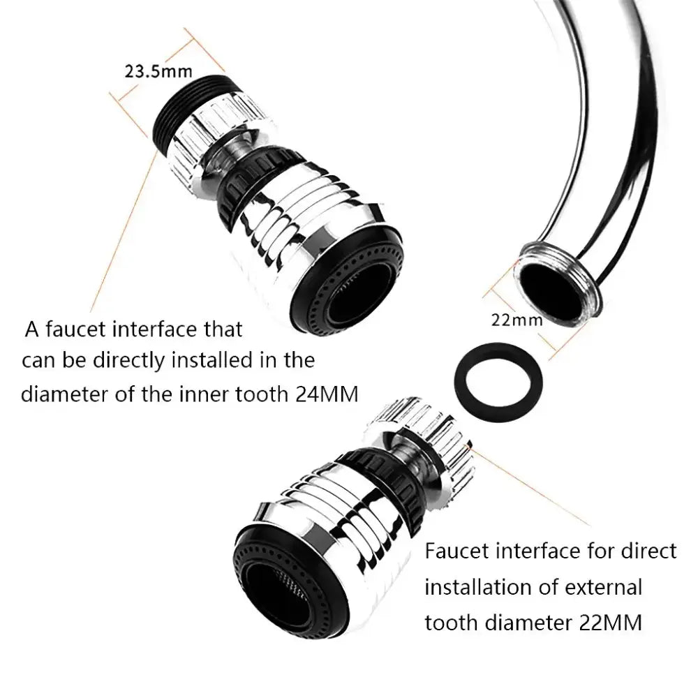 Chrome finished silver and black dual mode kitchen faucet aerator with black rubber seals for 22mm and 24mm faucets