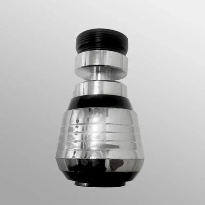 Silver and black dual mode kitchen faucet aerator with chrome finish, black rubber seals, and ridged metallic bands
