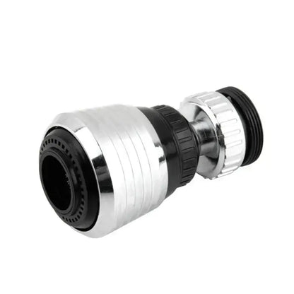 Chrome finished silver and black dual mode kitchen faucet aerator with ridged adjustment ring and black rubber seals