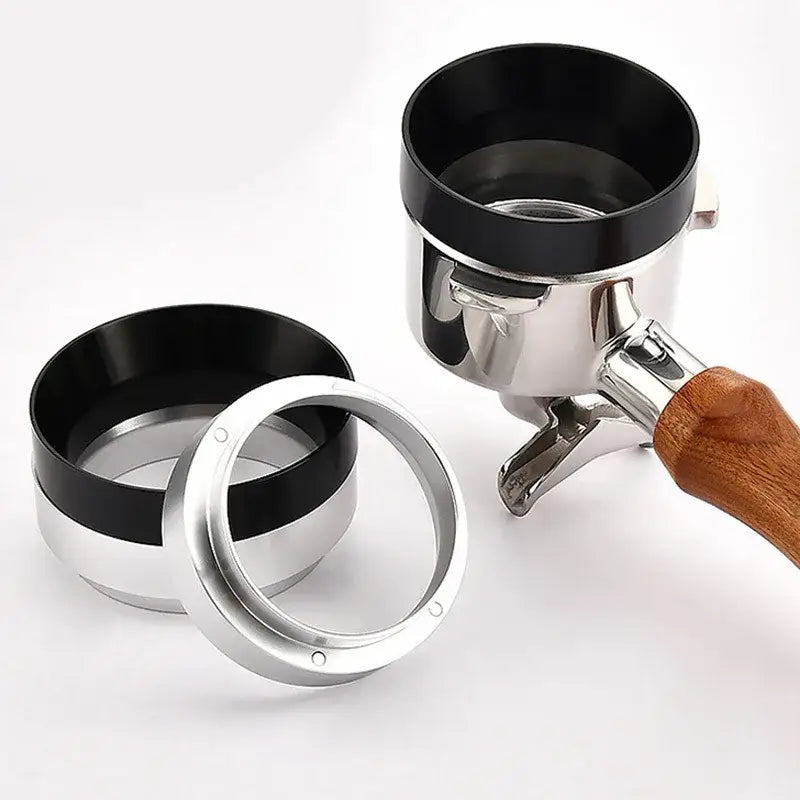 Silver and black espresso coffee filter adapter rings made of metal for espresso coffee machines kitchen use