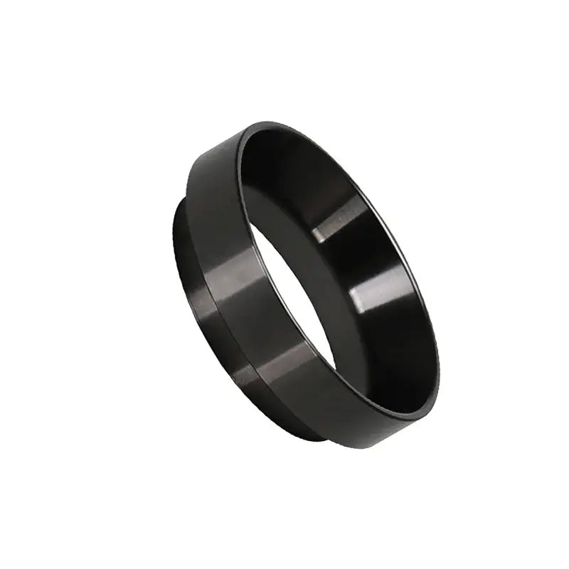 Black metallic espresso coffee filter adapter ring with polished finish and tapered edges for enhanced brewing experience