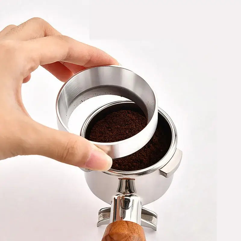 Silver metal espresso coffee tamper with wooden handle included in silver and black espresso coffee filter adapter rings set