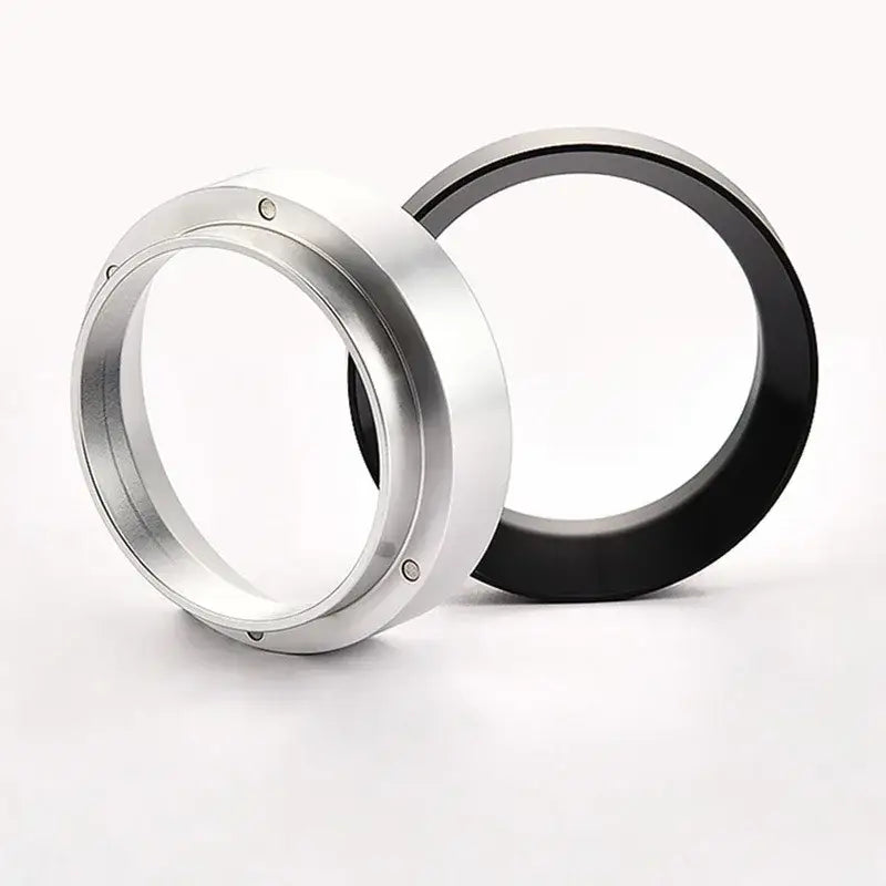 Silver and black circular espresso coffee filter adapter rings with metallic finish for enhanced brewing experience