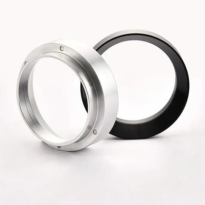 Silver and black circular espresso coffee filter adapter rings with metallic finish for enhanced brewing experience
