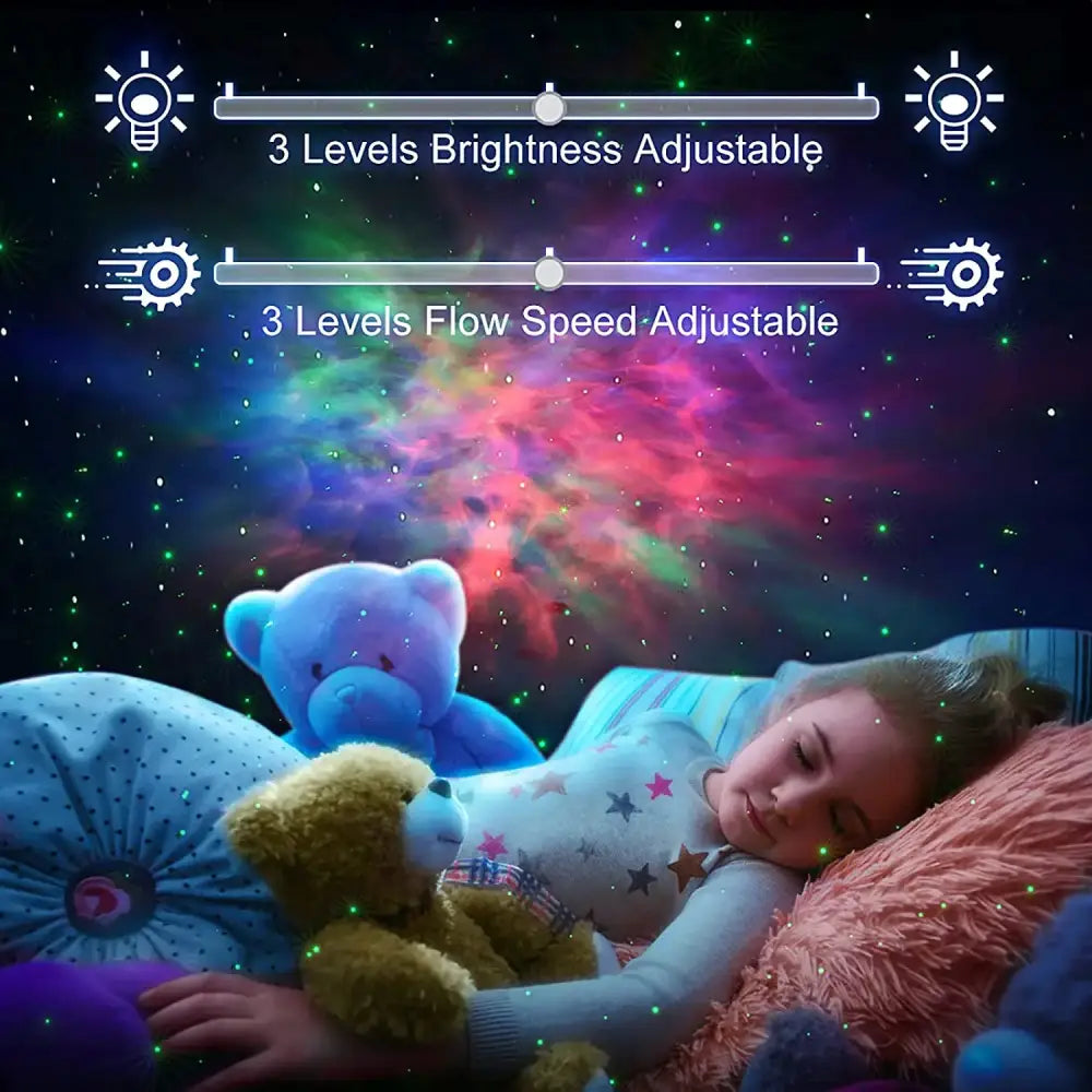 Silver and blue decorbites galaxy star projector night light casting vibrant starlight patterns above a sleeping child