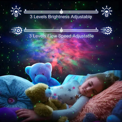 Silver and blue decorbites galaxy star projector night light casting vibrant starlight patterns above a sleeping child