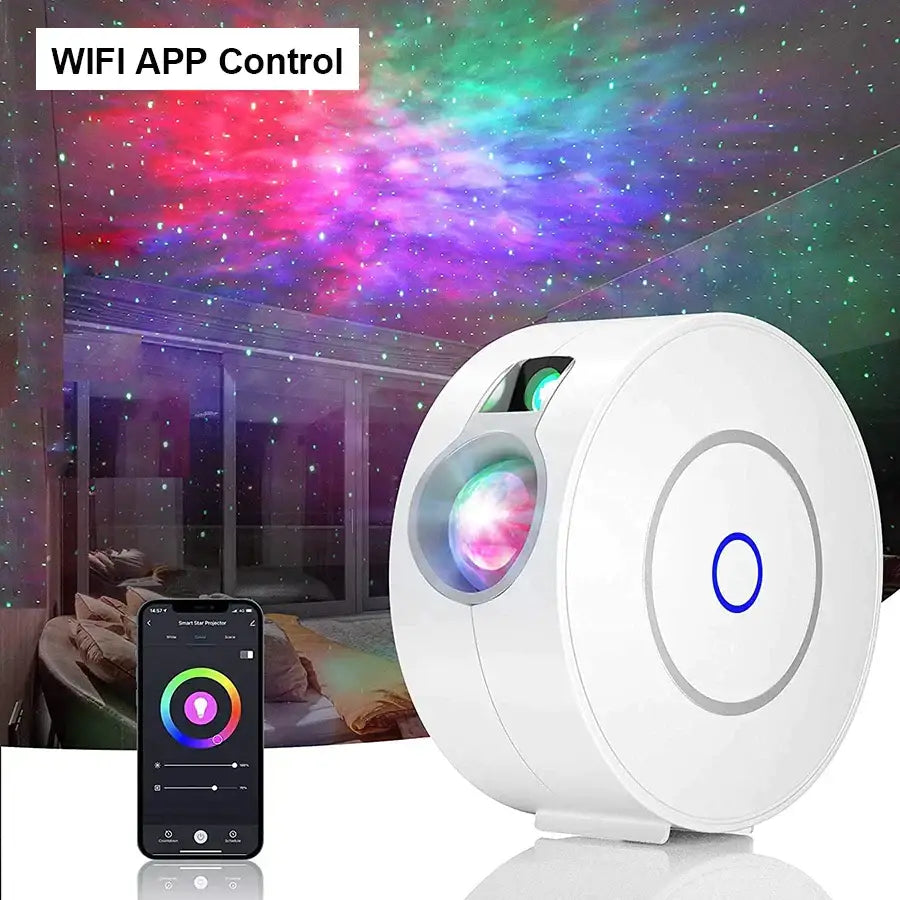 Silver and blue galaxy star projector night light with white circular design and wifi app control for decorbites galaxy star use