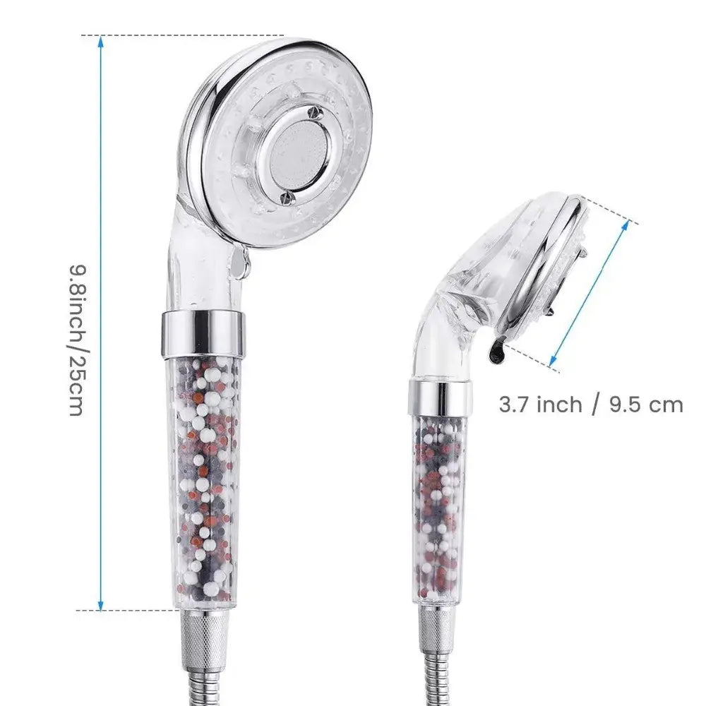 Silver and clear high pressure shower head with chrome finish and transparent body filled with multicolored filter beads