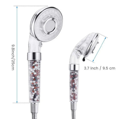 Silver and clear high pressure shower head with chrome finish and transparent body filled with multicolored filter beads