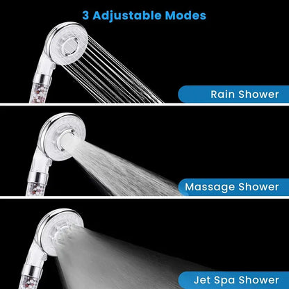 Silver and clear high pressure shower head with chrome handle and internal filter beads for enhanced pressure shower use