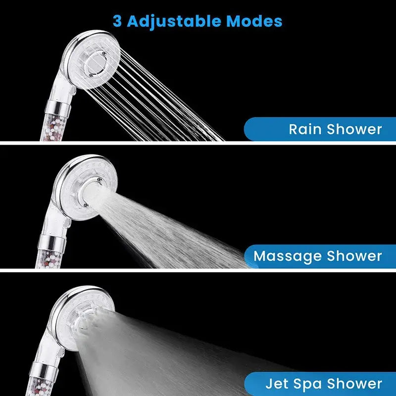 Silver and clear high pressure shower head with chrome handle and internal filter beads for enhanced pressure shower use