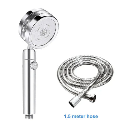 Shiny chrome-finished silver and purple double panel turbo shower head with textured grip and flexible metallic hose