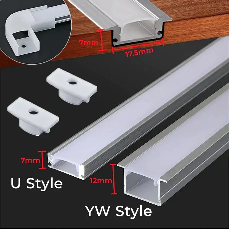 Silver and white aluminum profile recessed led strip channels with diffuser covers in u style and yw style profiles