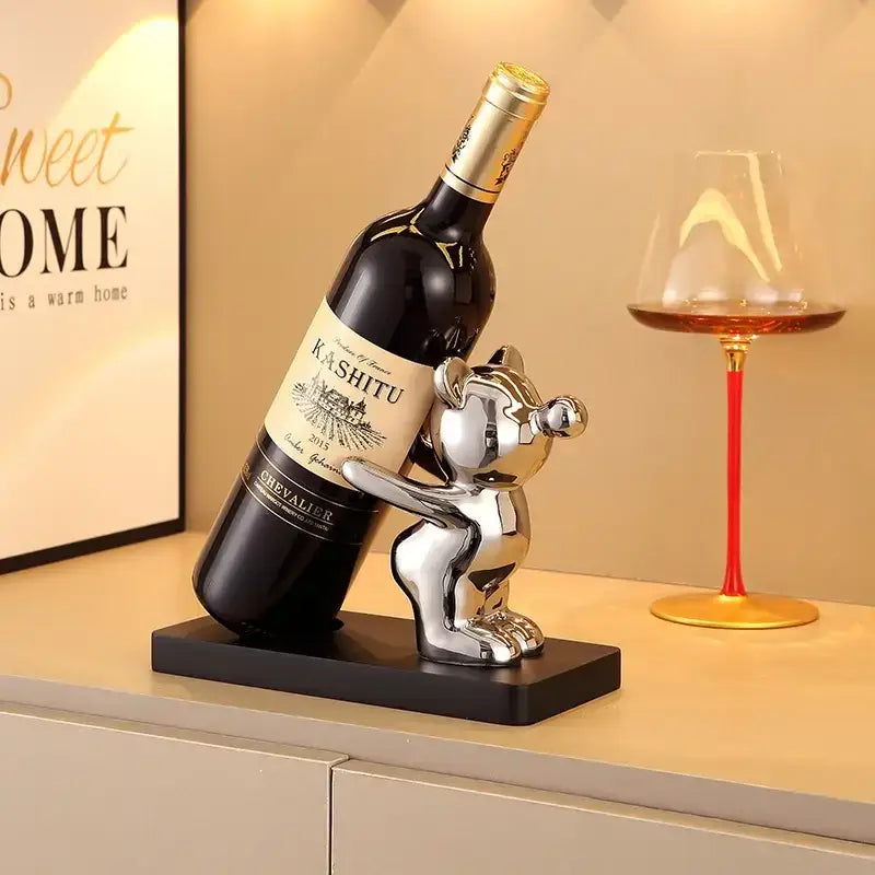 Shiny silver bear wine rack with black base metal wine rack cup holder for kitchen decor and storage