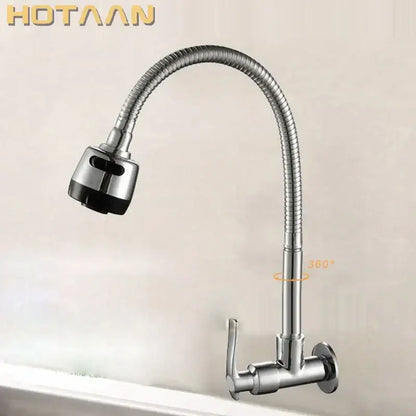 Silver hotaan brass cold kitchen faucet with flexible ribbed gooseneck spout and black rubberized spray head