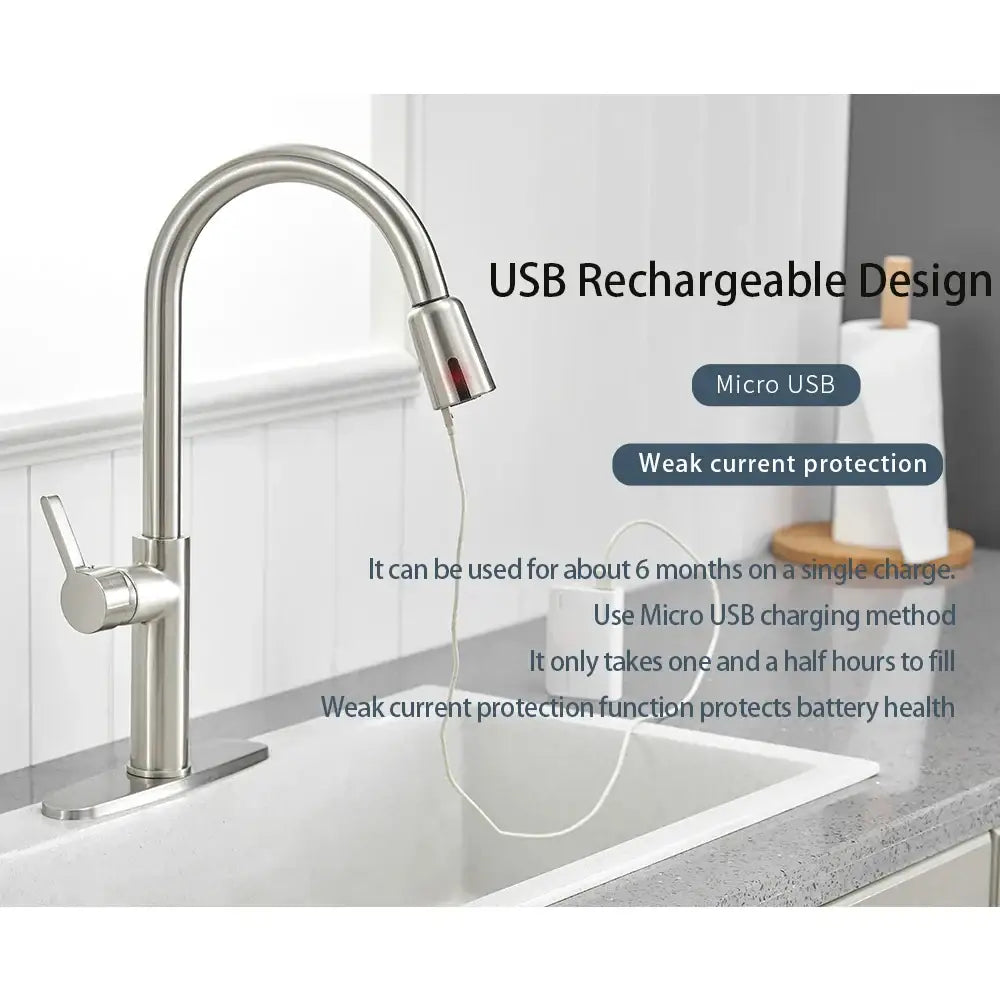 Silver brush nickel touchless sensor kitchen faucet with sleek curved spout and integrated usb rechargeable feature from decorbites brush nickel kitchen faucet accessories