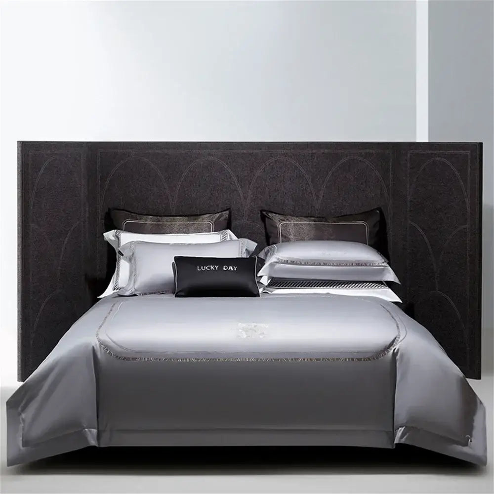 Silver cotton satin jacquard bedding set with subtle shimmering trim and lucky day black accent pillow by decorbites cotton satin