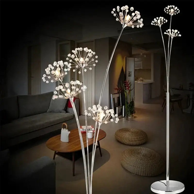 Silver-toned floor lamp with slender stems and crystal dandelion led bulbs for living room decorbites crystal dandelion