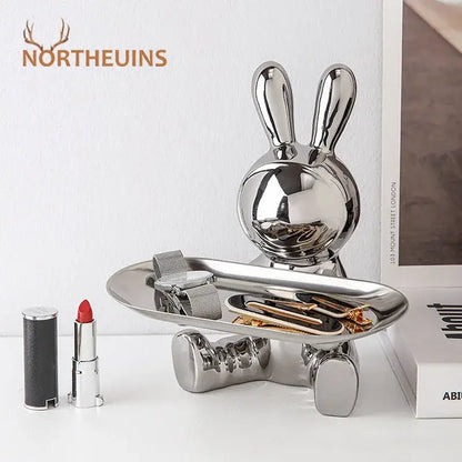 Shiny silver decorbites astronaut rabbit resin tray with reflective metallic finish for office storage decor