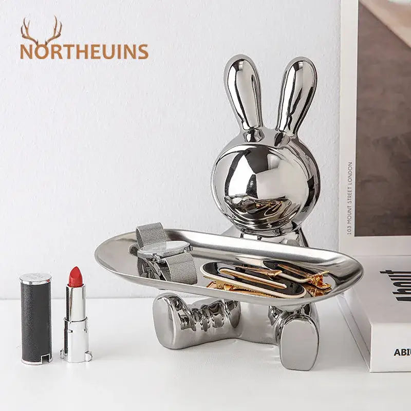 Shiny silver decorbites astronaut rabbit resin tray with reflective metallic finish for office storage decor